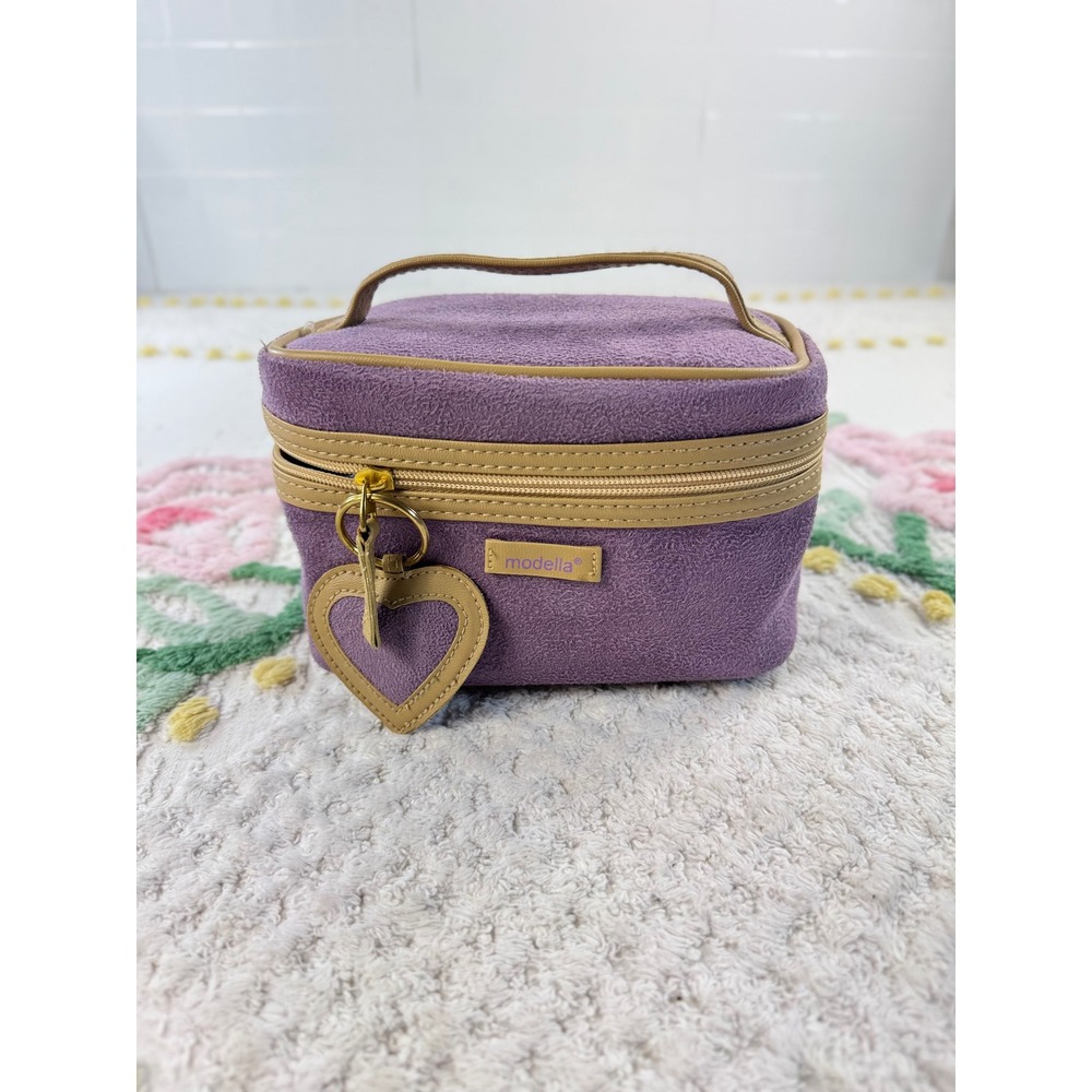Modella‎ Purple Textured Makeup Bag Tan Trim Heart Keychain Travel Vanity Case